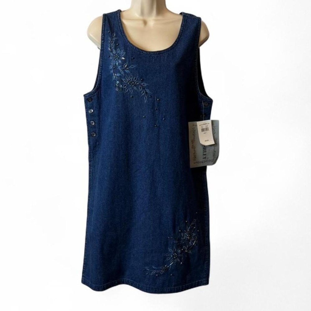 Vintage 90s Jane Ashley Blue Denim Beaded Embroidered Dress‎